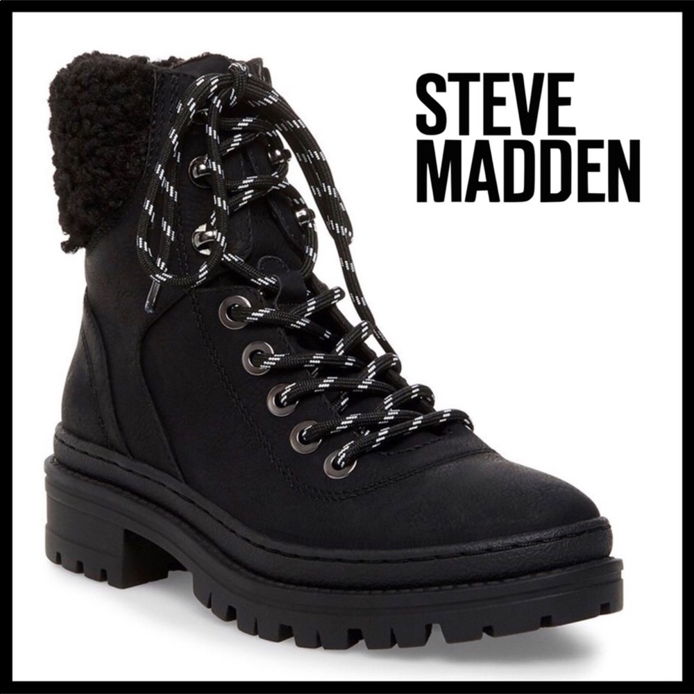 ❗️6-HOUR SALE❗️STEVE MADDEN ANKLE BOOTS BLACK LACE UP LEATHER BOOTIES A2C - Picture 2 of 12